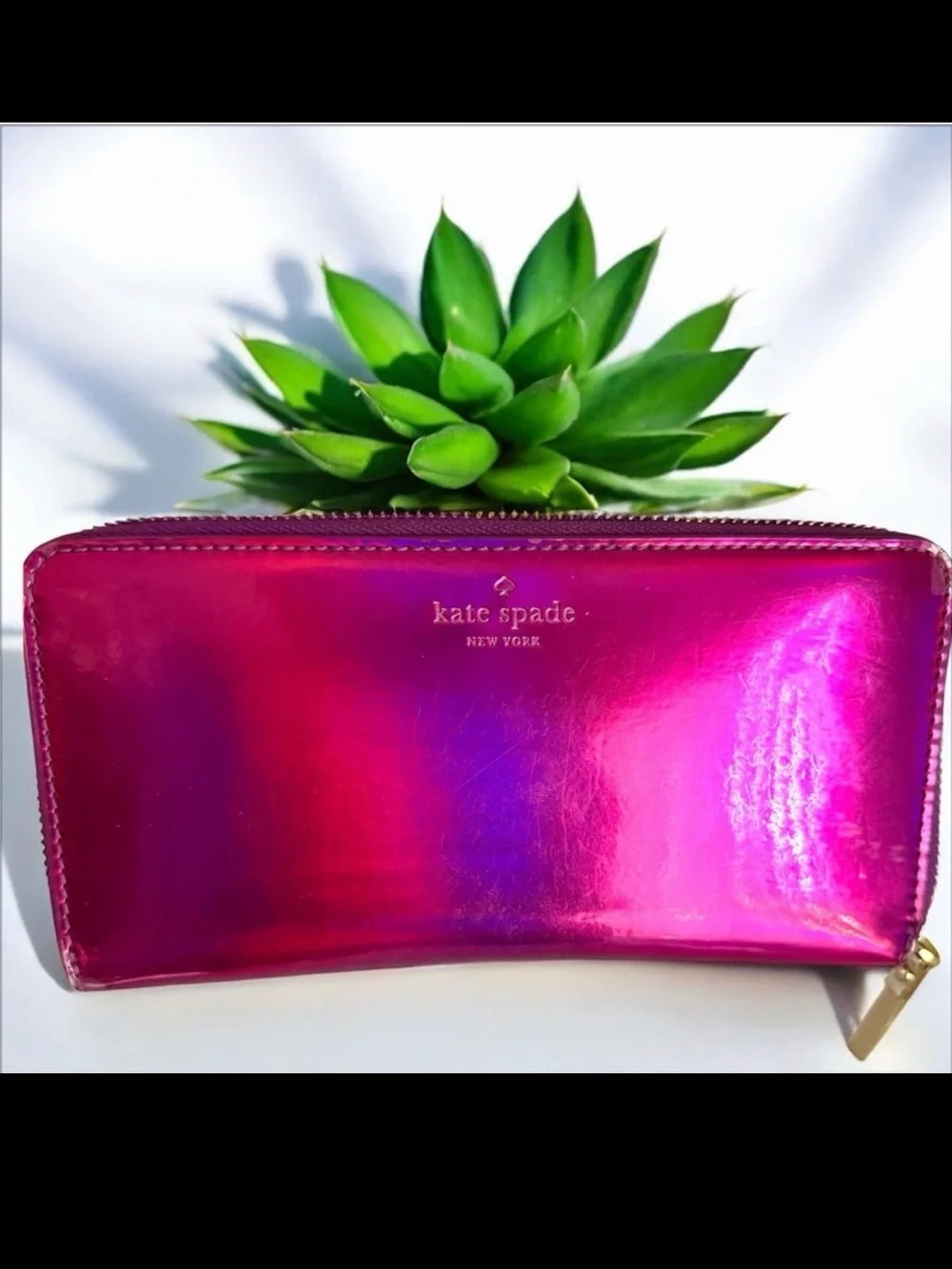 Kate Spade Fuchsia Metallic zip around wallet with Storybook Lining Rare find